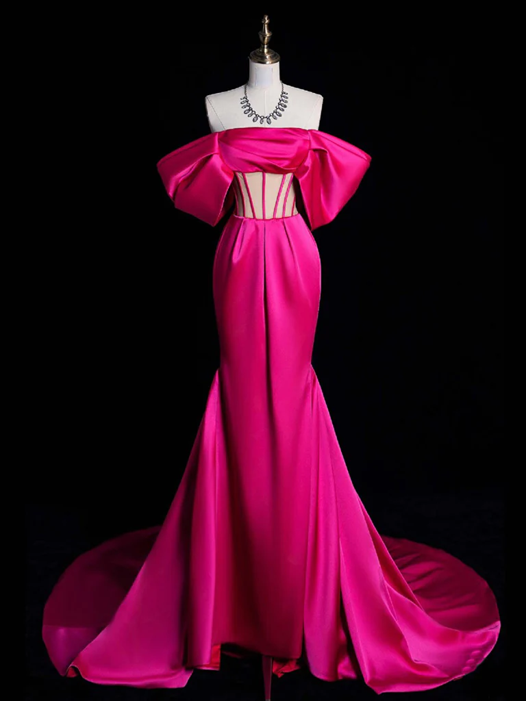 Simple Off Shoulder Mermaid Rose Red Long Prom Dress