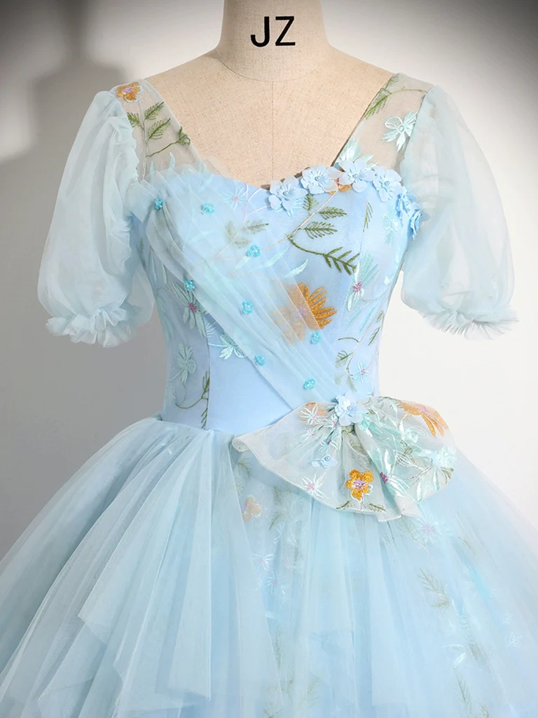 Vintage Ball Gown Blue Lace Long Sweet 16 Dress