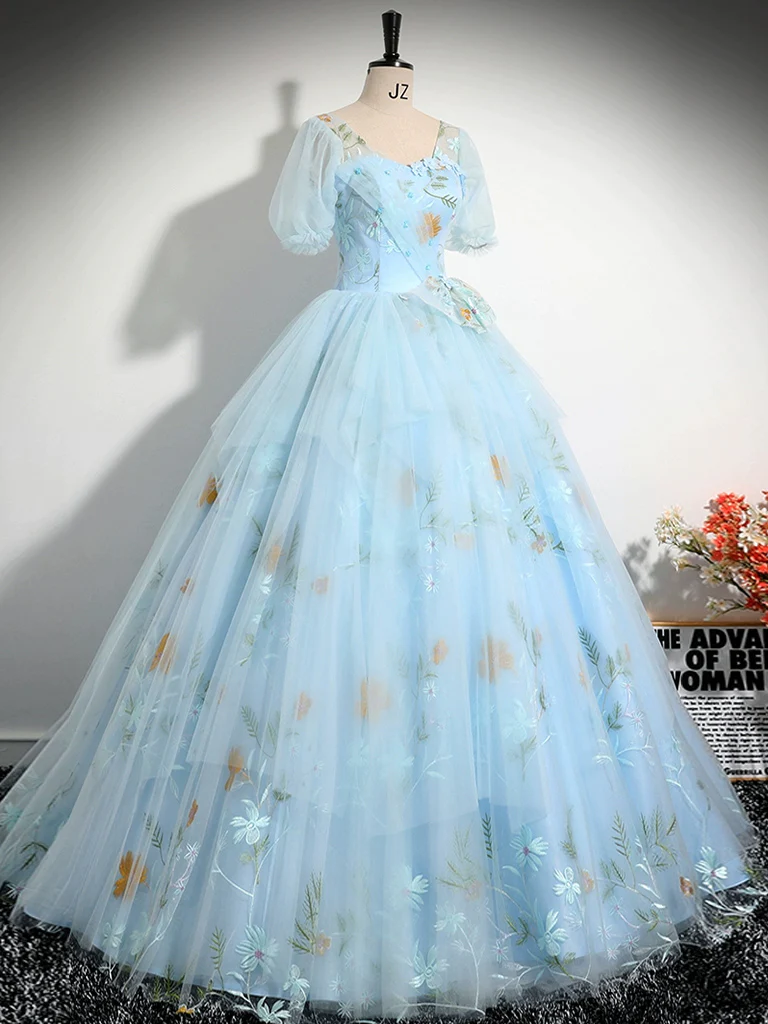 Vintage Ball Gown Blue Lace Long Sweet 16 Dress