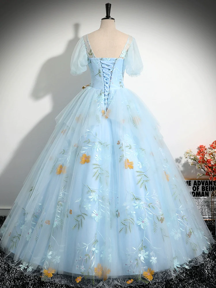 Vintage Ball Gown Blue Lace Long Sweet 16 Dress