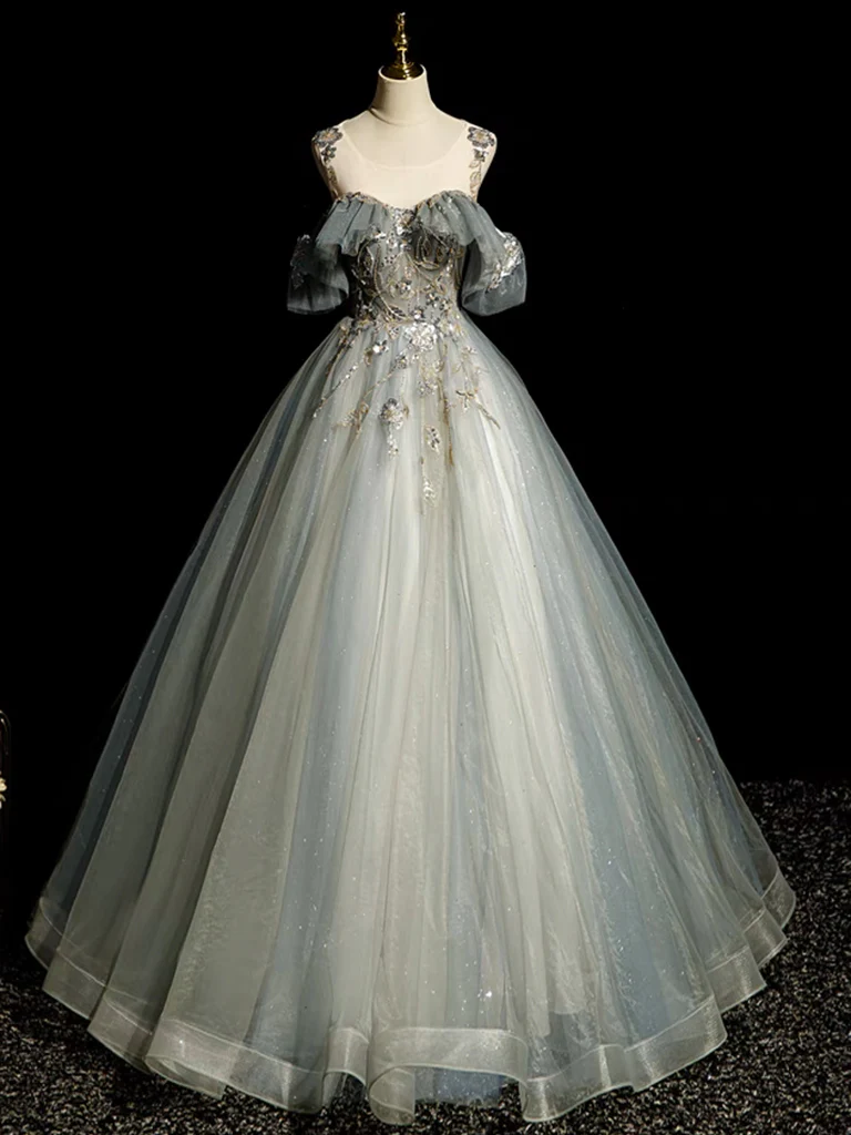 Vintage Ball Gown Tulle Sequin Lace Long Evening Dress Sweet 16 Dress