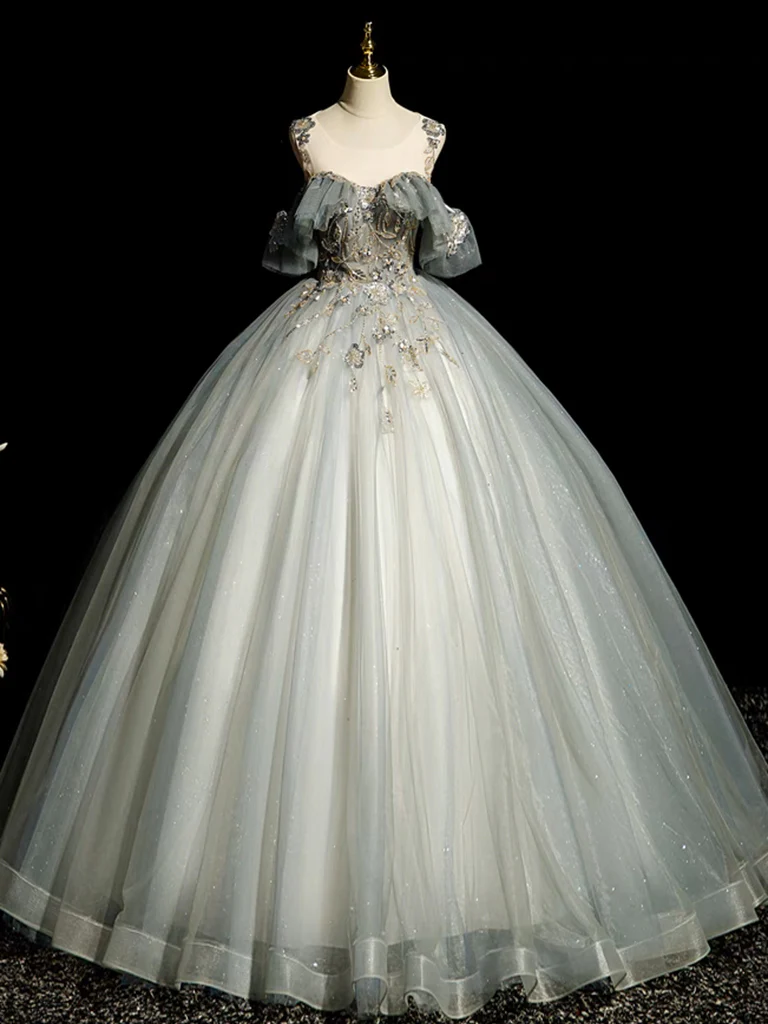 Vintage Ball Gown Tulle Sequin Lace Long Evening Dress Sweet 16 Dress