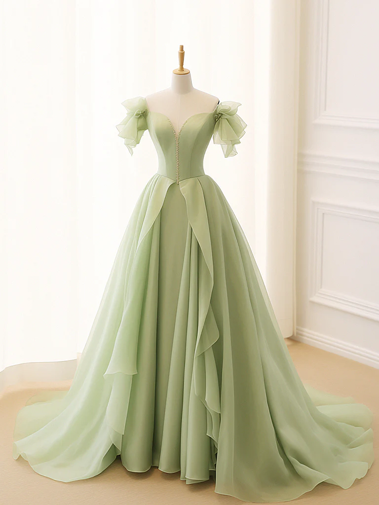 A-Line Sage Green Tulle Long Prom Dress