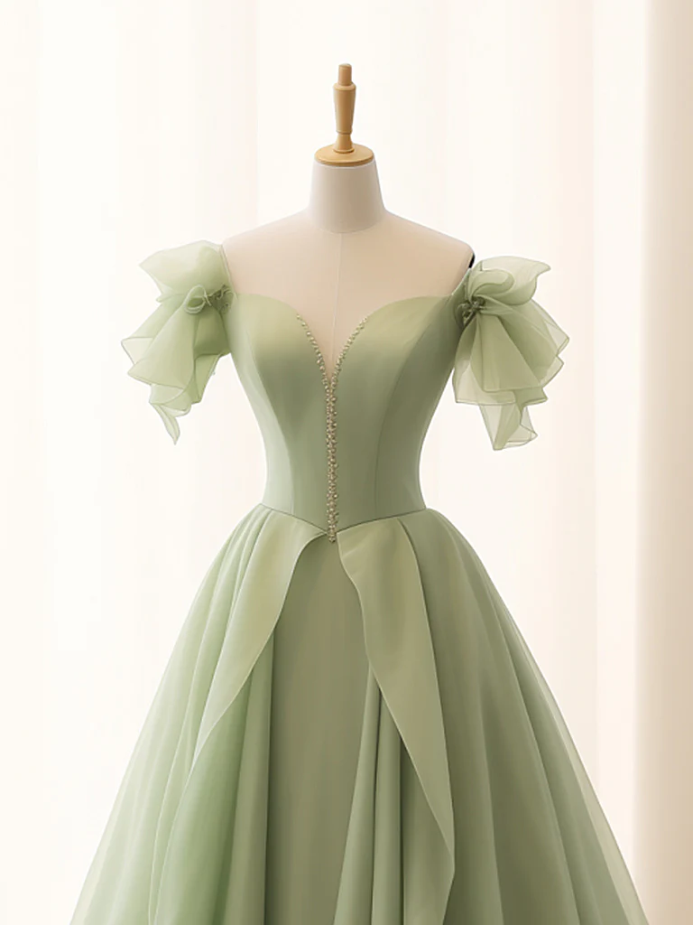 A-Line Sage Green Tulle Long Prom Dress