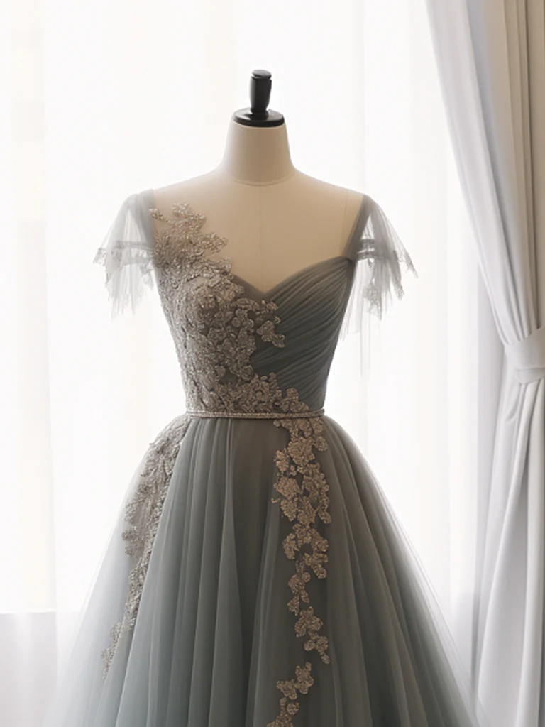 A-Line Sweetheart Neck Tulle Lace Gray Blue Long Prom Dress