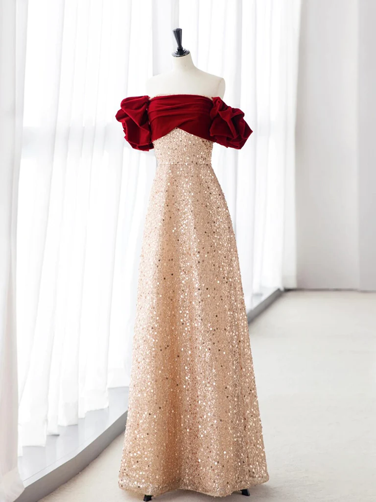 Champagne A-Line velvet Long Red Sequin Prom Dress