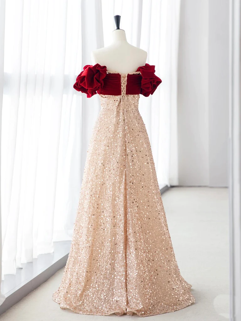 Champagne A-Line velvet Long Red Sequin Prom Dress