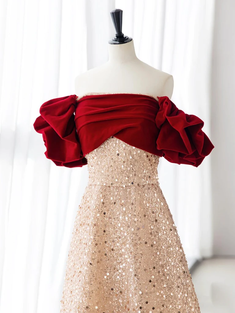 Champagne A-Line velvet Long Red Sequin Prom Dress