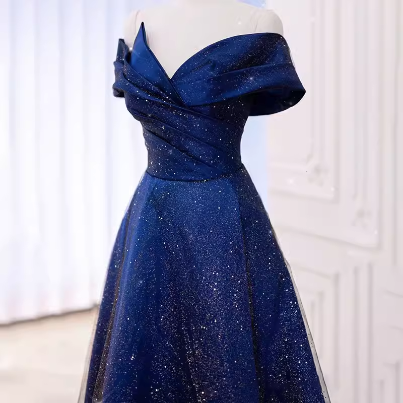 A-Line Off The Shoulder Royal Blue Sequin Long Prom Dress
