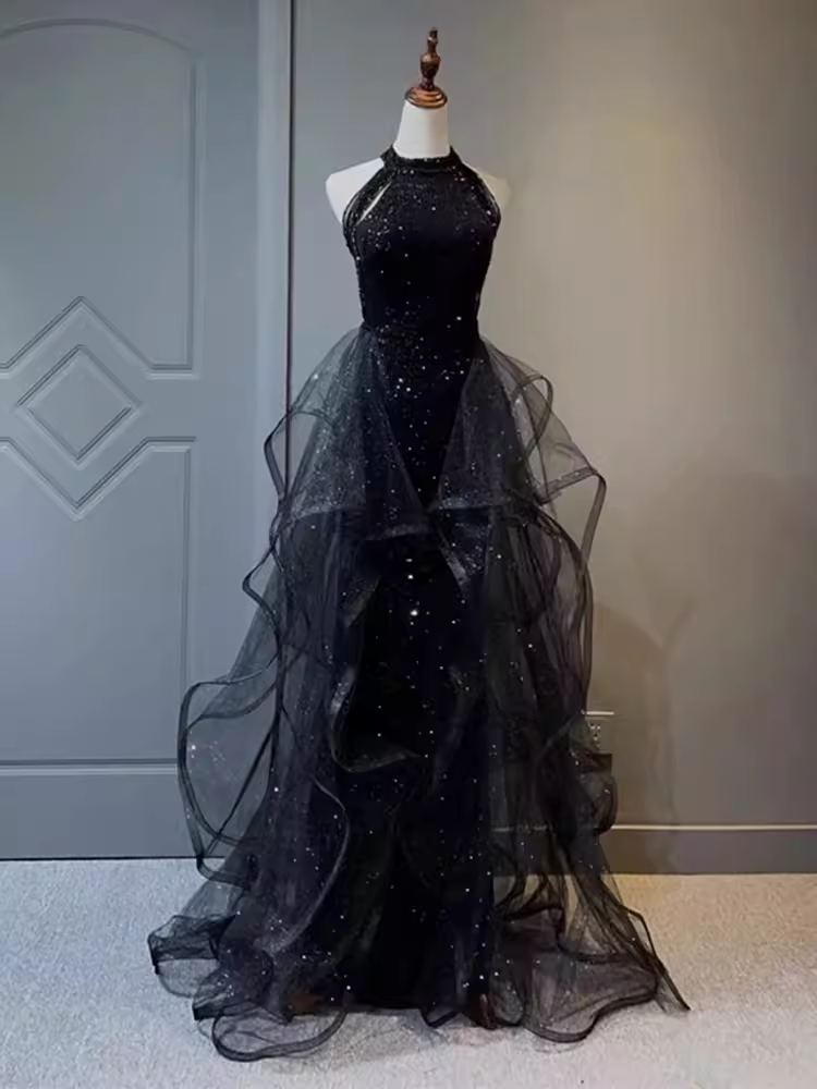 Sparkly Mermaid Sequin Black Long Prom Dress