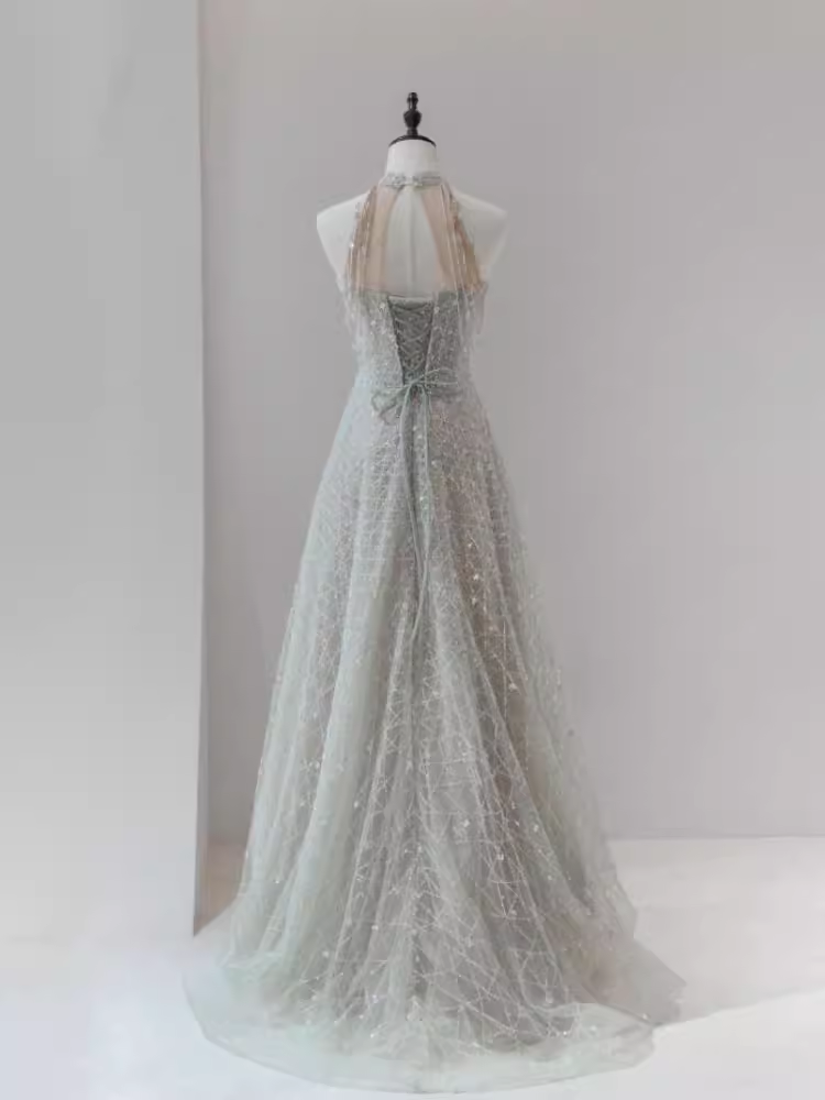 Sparkly A Line High Neckline Silver Sequin Long Prom Dress