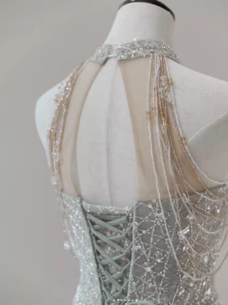 Sparkly A Line High Neckline Silver Sequin Long Prom Dress