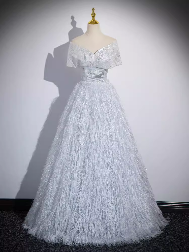 Sparkly A Line Off The Shoulder Silver Gray Feathers Long Prom Dress