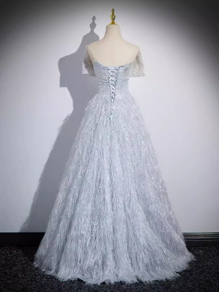 Sparkly A Line Off The Shoulder Silver Gray Feathers Long Prom Dress