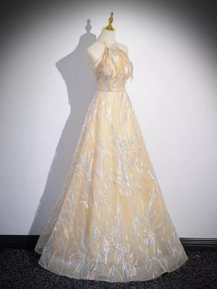 Sparkly A Line High Neckline Champagne Long Prom Dress