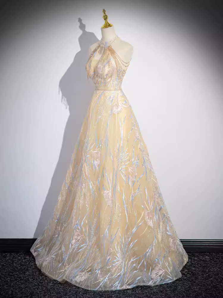 Sparkly A Line High Neckline Champagne Long Prom Dress