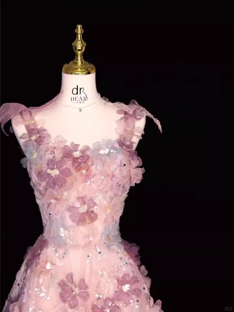 Sparkly A Line Straps Pink Floral Long Prom Dress