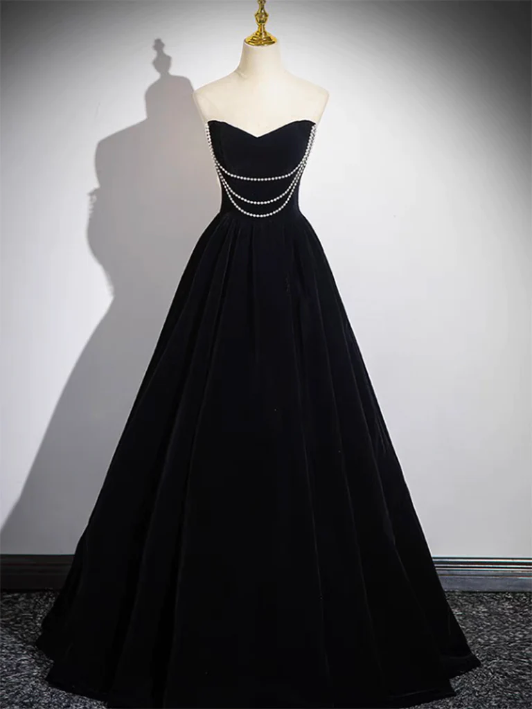 A-Line Black Velvet Long Prom Dress
