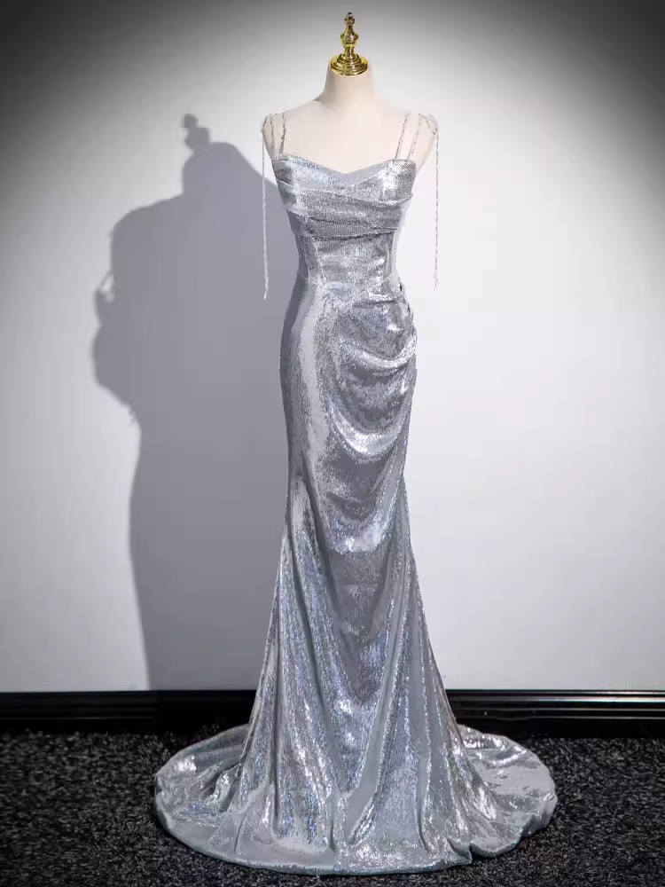 Mermaid Straps Silver Sequin Long Prom Dress