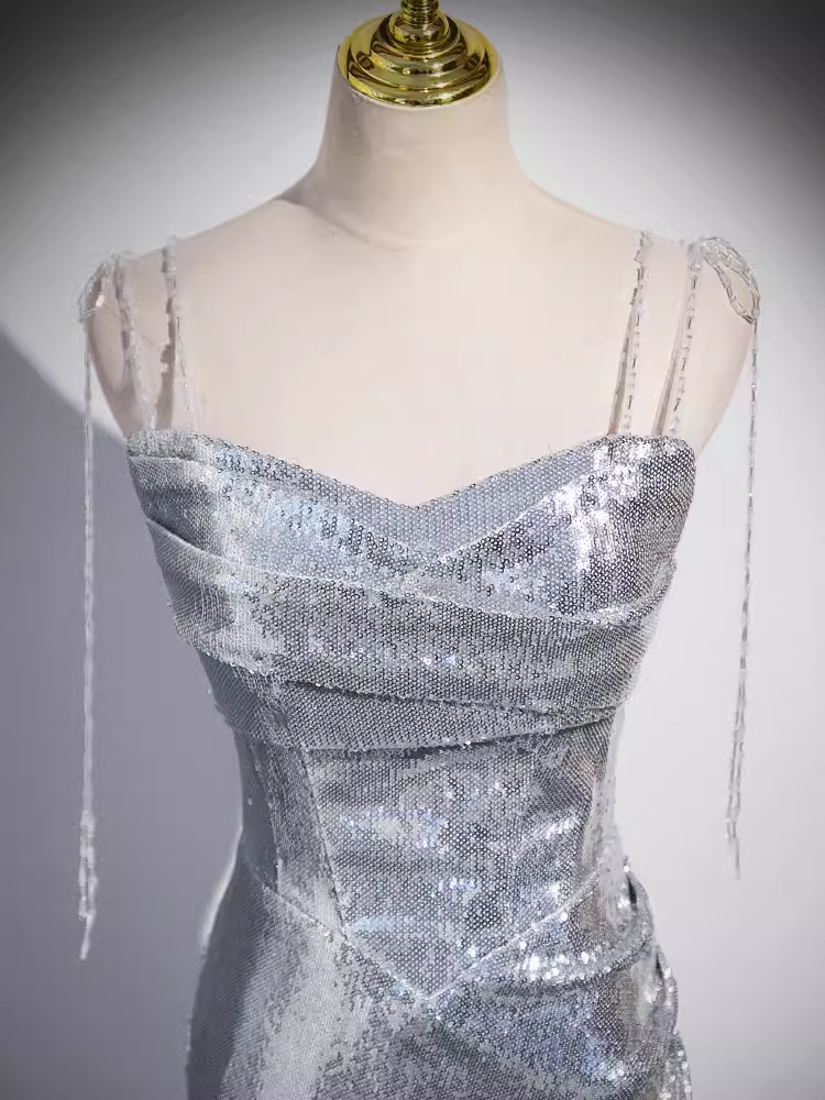 Mermaid Straps Silver Sequin Long Prom Dress