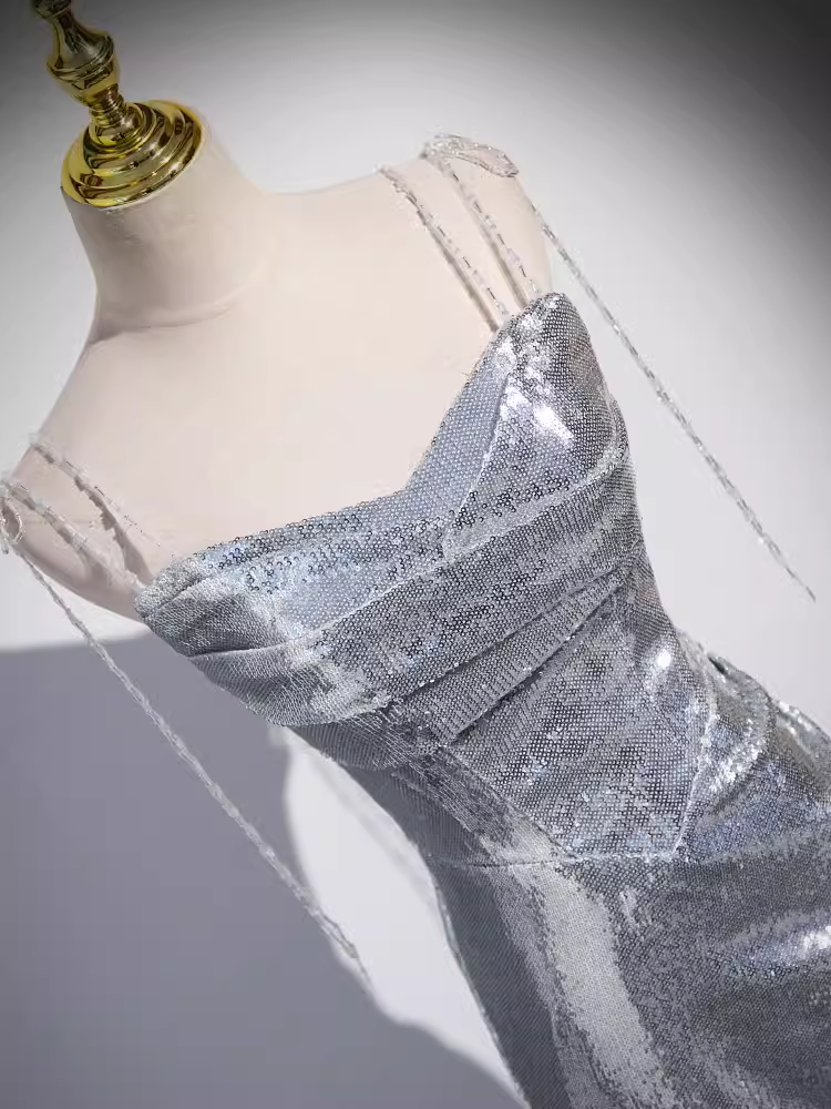Mermaid Straps Silver Sequin Long Prom Dress