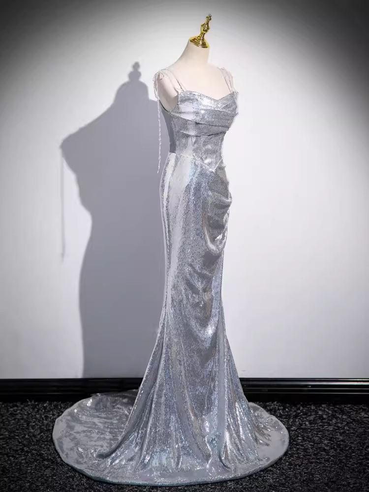 Mermaid Straps Silver Sequin Long Prom Dress