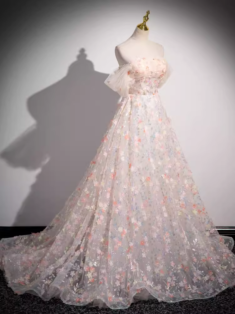 Beautiful A line Strapless Floral Long Prom Dress