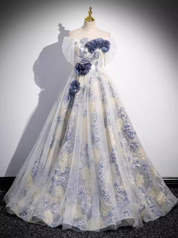 Beautiful A line Strapless Floral Blue Long Prom Dress