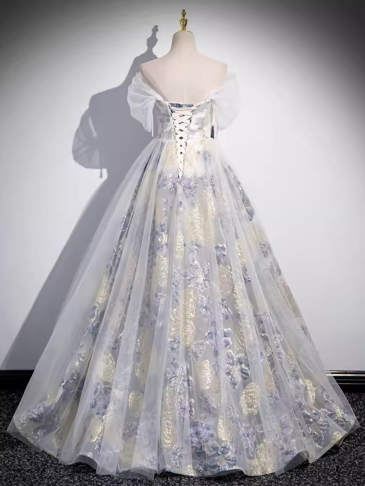 Beautiful A line Strapless Floral Blue Long Prom Dress