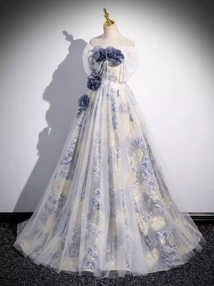 Beautiful A line Strapless Floral Blue Long Prom Dress