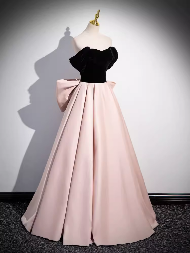 Simple A line Strapless Pink Satin Long Prom Dress