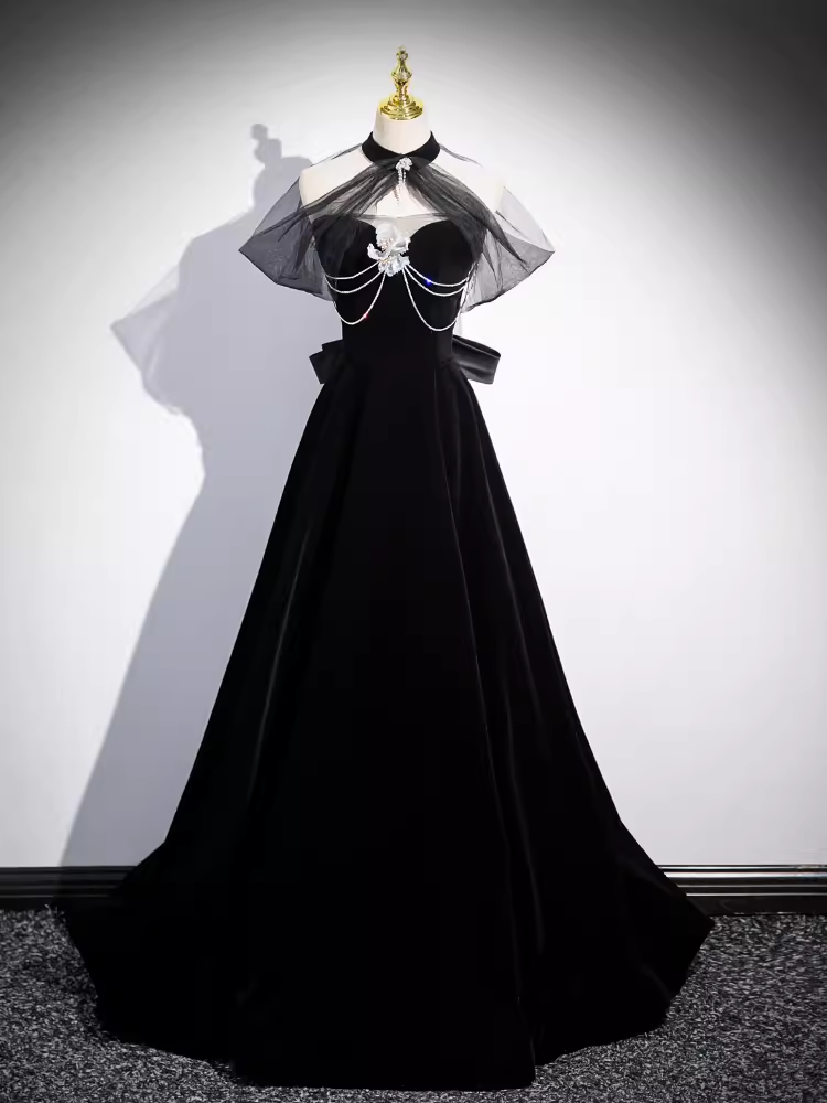 Simple A line High Neckline Velvet Black Long Prom Dress