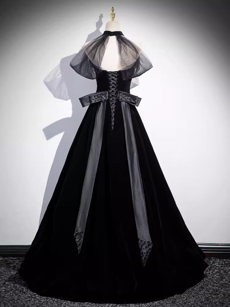 Simple A line High Neckline Velvet Black Long Prom Dress