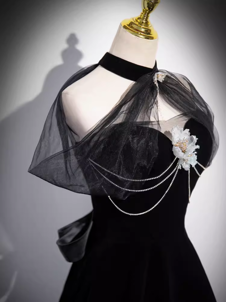 Simple A line High Neckline Velvet Black Long Prom Dress