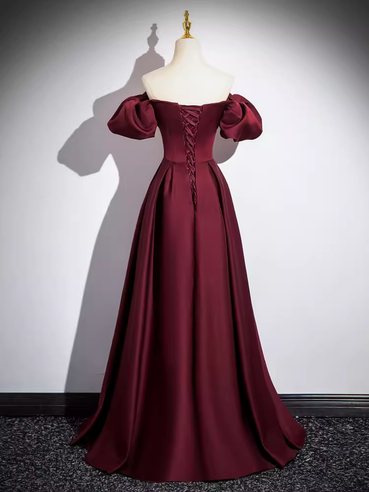 Simple A line Strapless Satin Burgundy Long Prom Dress