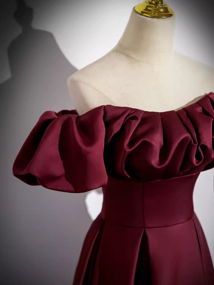 Simple A line Strapless Satin Burgundy Long Prom Dress