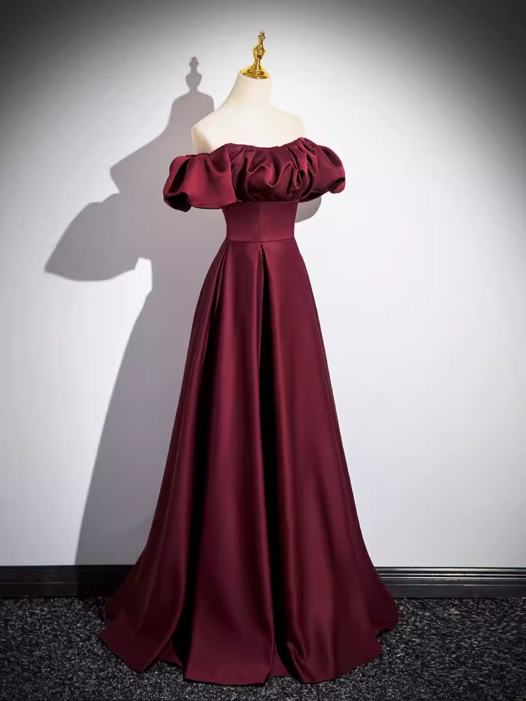 Simple A line Strapless Satin Burgundy Long Prom Dress