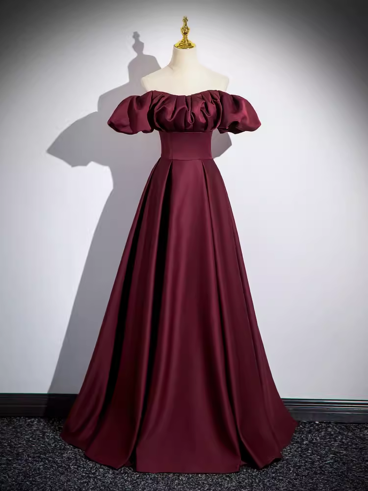 Simple A line Strapless Satin Burgundy Long Prom Dress
