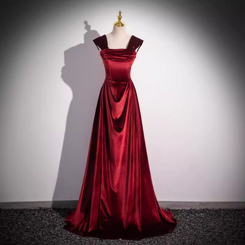 Simple A line Strapless Velvet Burgundy Long Prom Dress