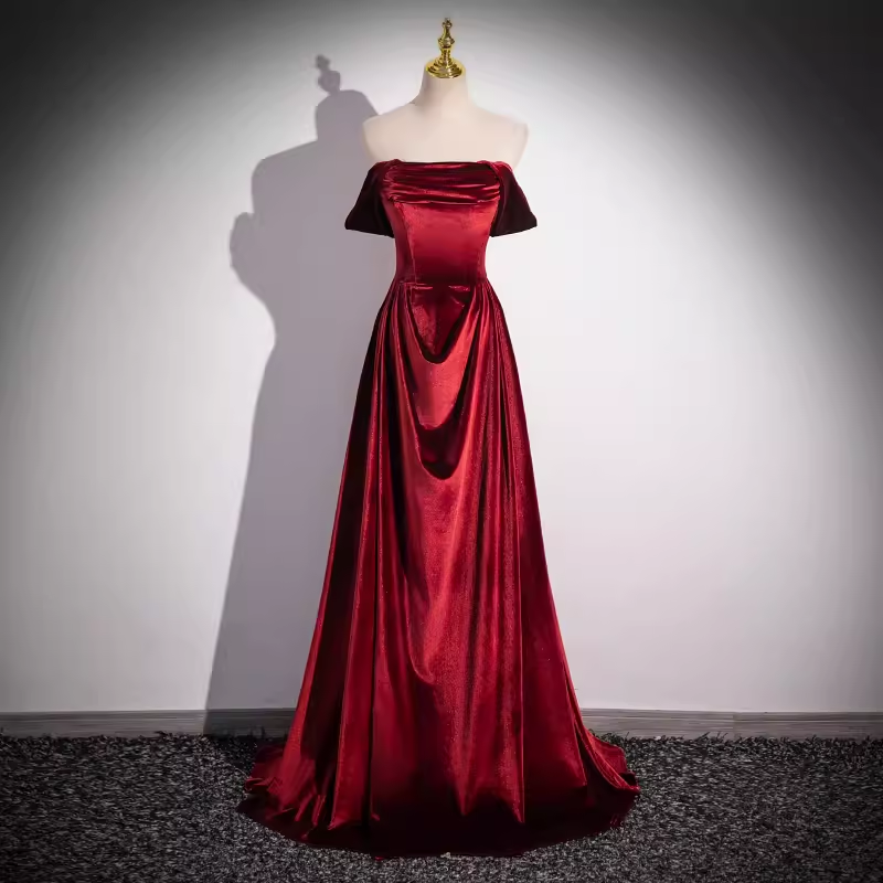 Simple A line Strapless Velvet Burgundy Long Prom Dress