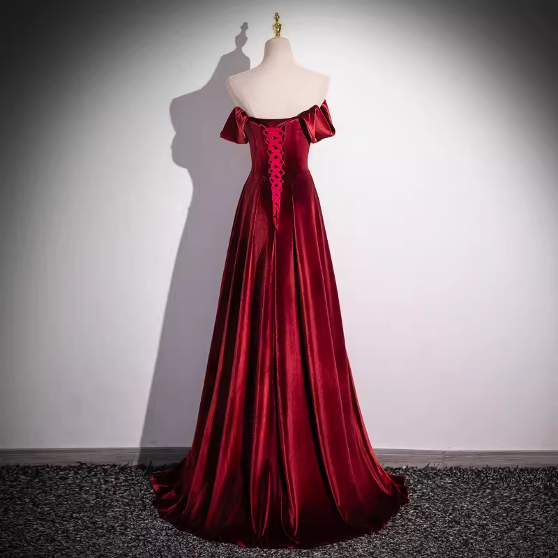 Simple A line Strapless Velvet Burgundy Long Prom Dress