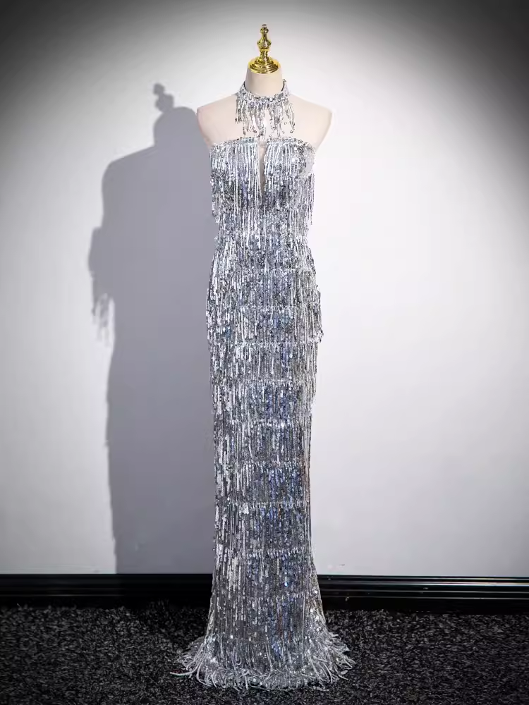 Sexy Sheath Strapless Sequin Silver Long Prom Dress