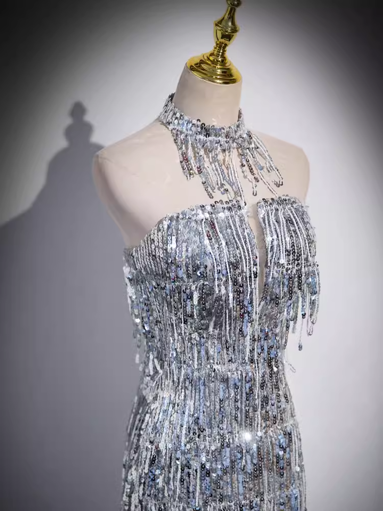Sexy Sheath Strapless Sequin Silver Long Prom Dress
