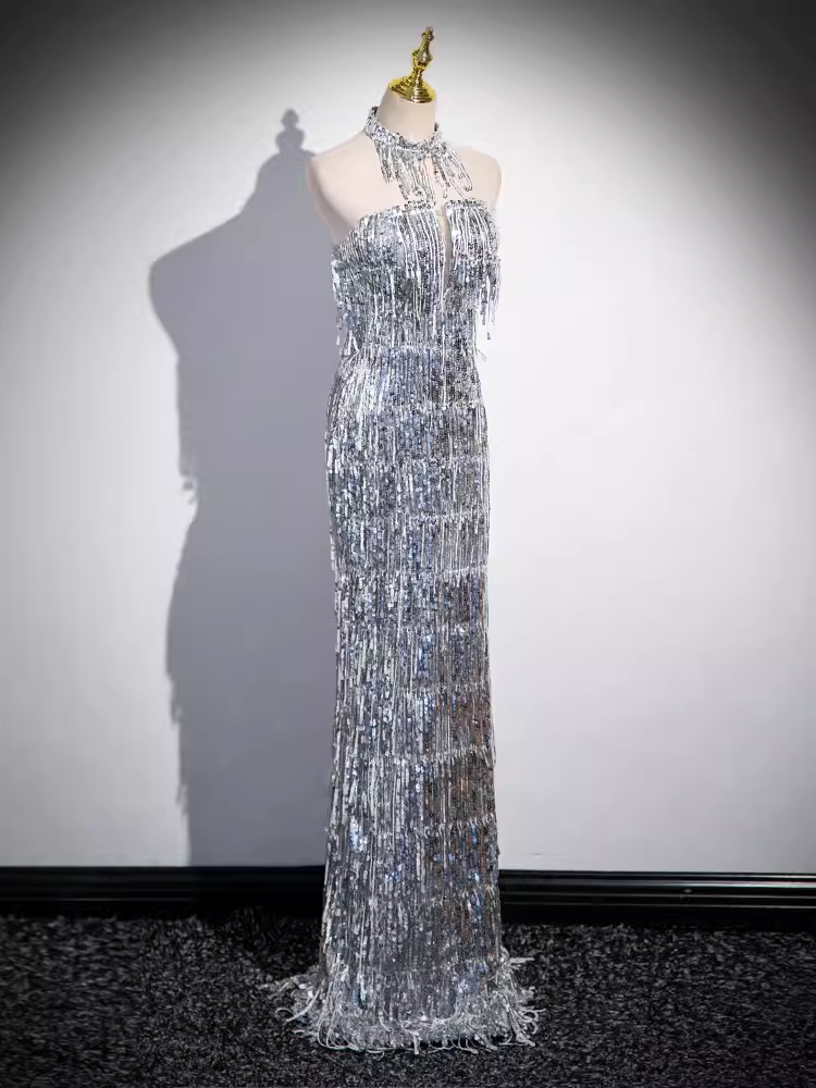 Sexy Sheath Strapless Sequin Silver Long Prom Dress
