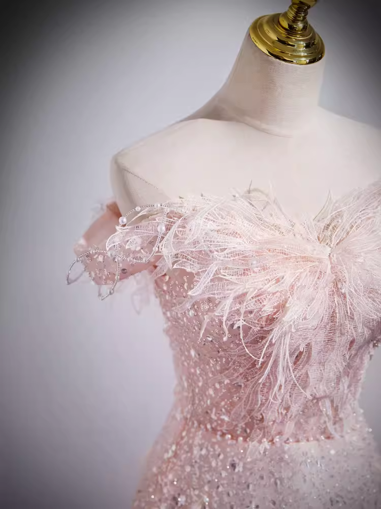 Sparkly A Line Off The Shoulder Pink Long Prom Dress