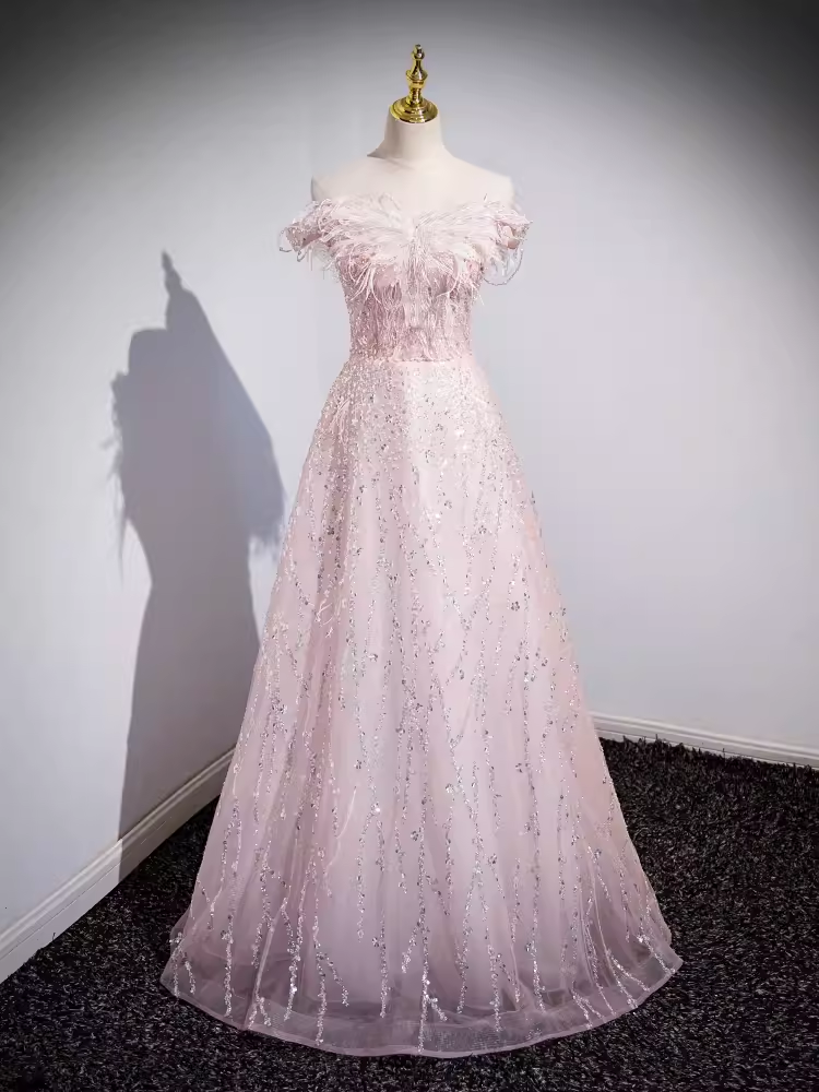 Sparkly A Line Off The Shoulder Pink Long Prom Dress