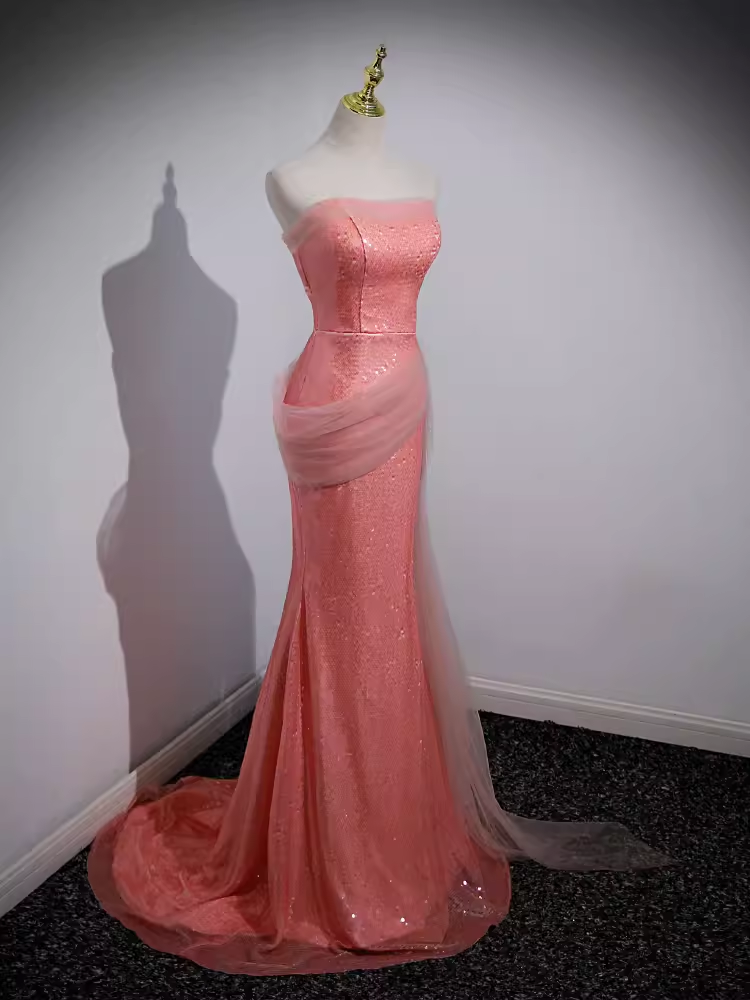 Sparkly Mermaid Strapless Pink Long Prom Dress