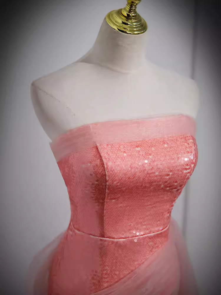 Sparkly Mermaid Strapless Pink Long Prom Dress