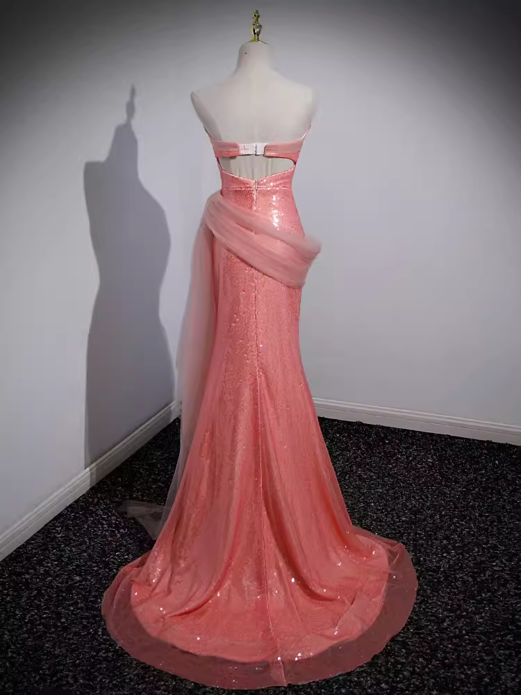 Sparkly Mermaid Strapless Pink Long Prom Dress