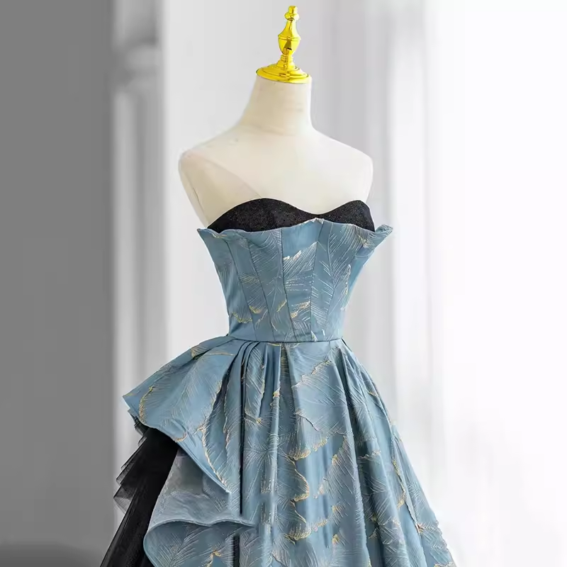 Ball Gown Strapless Blue Long Prom Dress